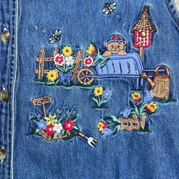 Vintage Lauren Brooke 100% Cotton Top Teddy Bears Floral Embroidered Scene Large - Picture 6 of 7